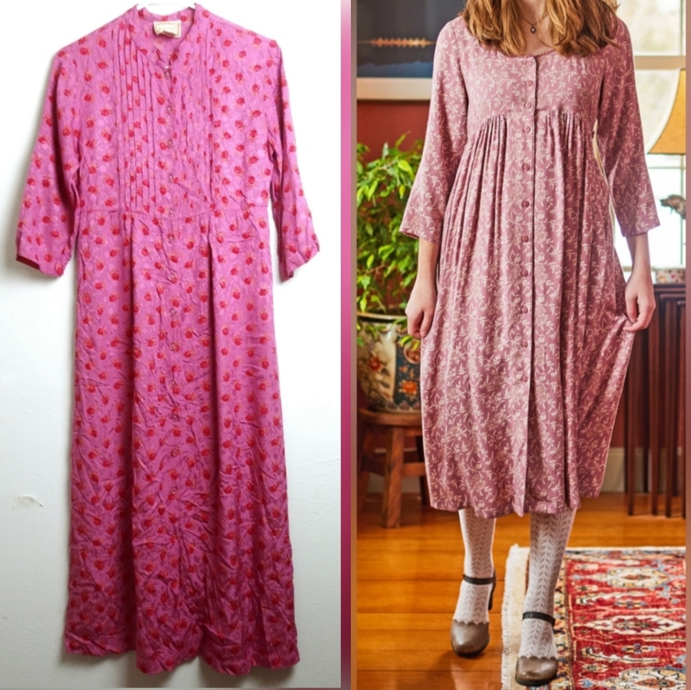 April Cornell XS Jacquard Floral Pink Midi Dress Tie Back Casual
